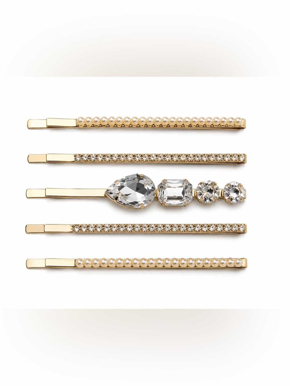Zara Gold Hair Pin Set with Pearls and Clear Crystals